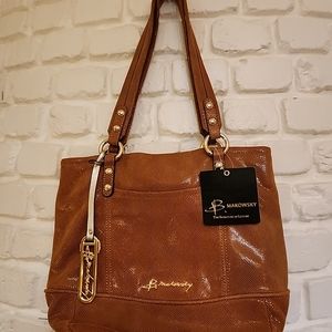 B. Makowsky New Bronze Snakeskin Print Leather Tote Purse